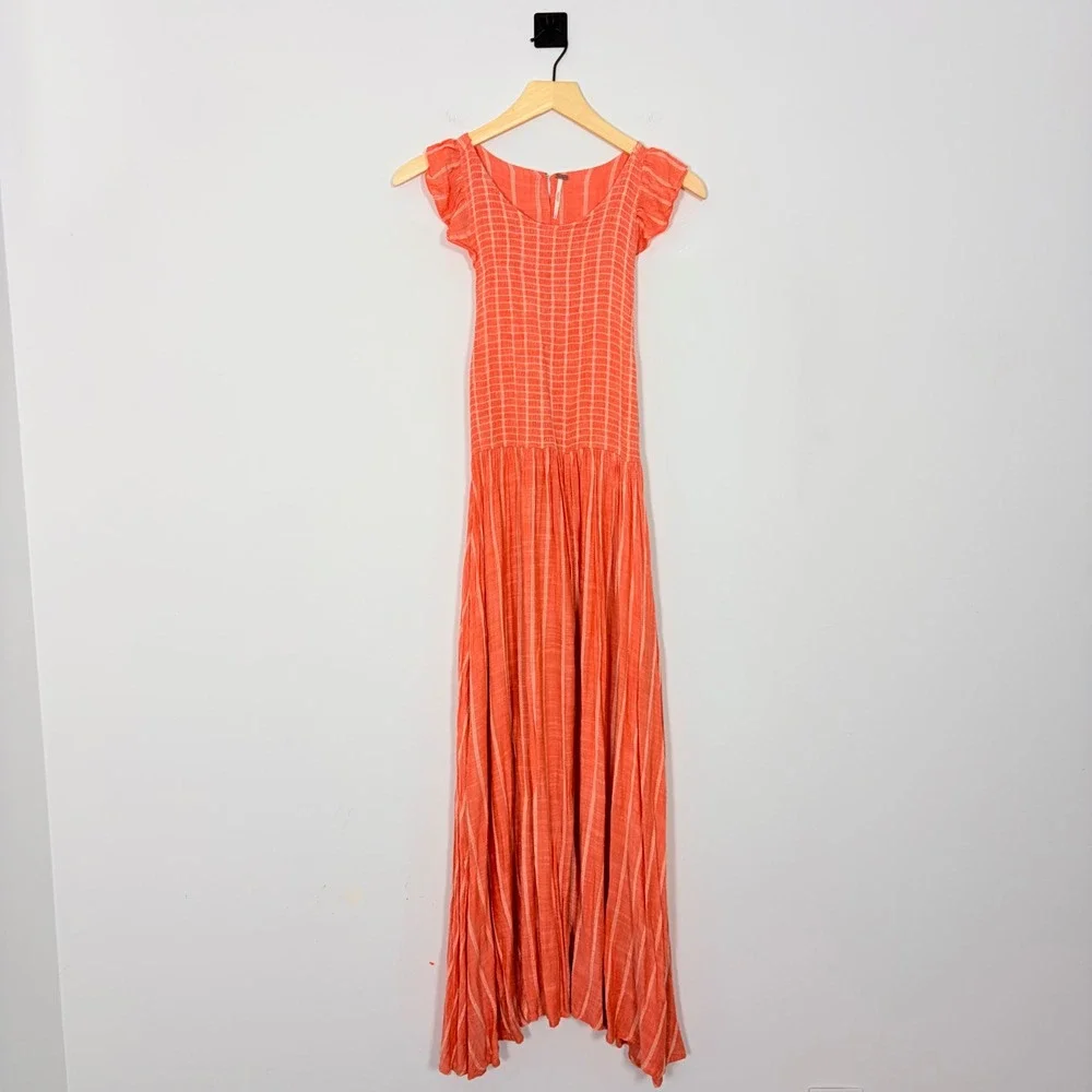 Free People Chambray Butterflies Midi Dress Red Striped Smocked Ruffle Sleeve S